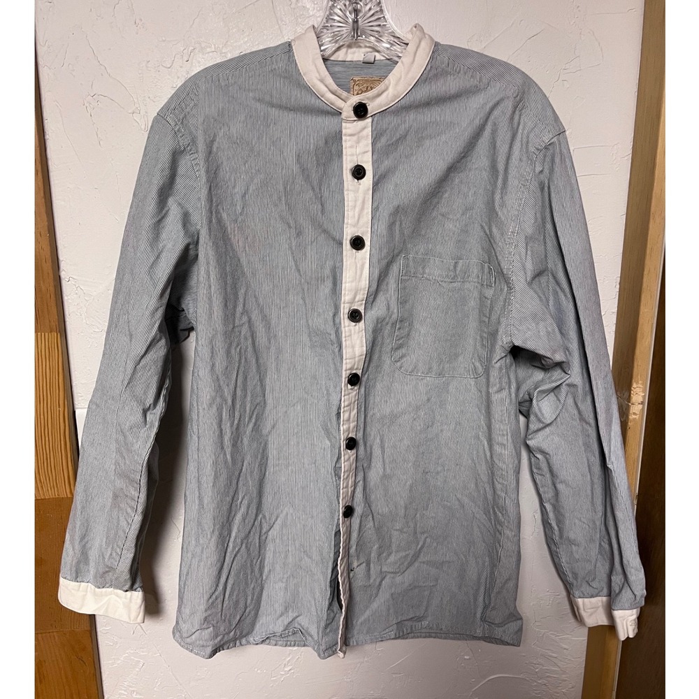 Wah Maker True West Hickory Stripe Band Collar Shirt Mens Medium Blue White USA